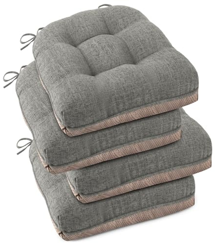OVOV Set di 4 cuscini per sedie da pranzo, cuscini trapuntati per sedie da cucina, con laccetti e retro antiscivolo, 46 x 46 x 8 cm (grigio chiaro)