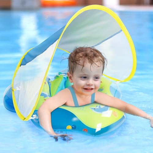 Oziral Schwimmring Baby mit abnehmbarem Sonnenschutz Mit Glocke Baby Float Schwimmsitz Kinderbecken Schwimmring Schwimmhilfe Spielzeug Aufblasbare Kinder Schwimmhilfe