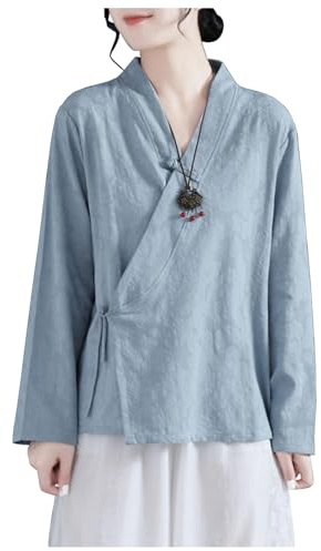 DAYKET Blusas de Manga Larga para Mujer, Traje Tradicional Chino Tang, Camisa Holgada Hanfu, Ropa de té Zen, Blusas Elegantes,Blue-M