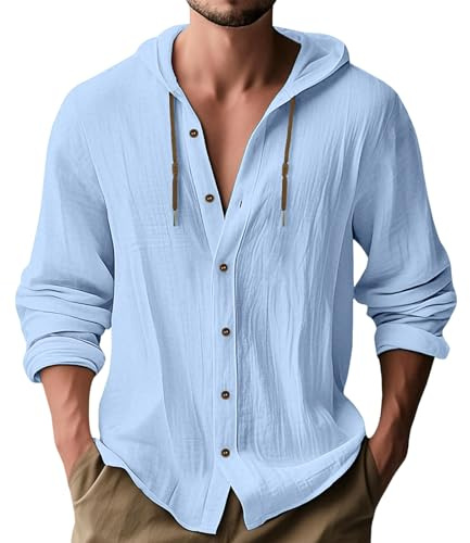MakingDa Hooded Shirt Men Thin Long Sleeve Hoodie Casual Smart Lightweight Summer Linen Button Down Beach Tops Loose Fit Plain Hoody-Light Blue-L
