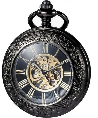 DerMacht Mechanical Pocket Watch Black, for Men Women Special Magnifier Half Hunter Engraved Case Roman Numerals with Chain