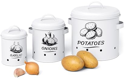 Relaxdays Kartoffel Aufbewahrungsbox, Zwiebeln, Knoblauch, 3er Set, mit Deckel & Löchern, Metall, Zwiebeltopf, weiß
