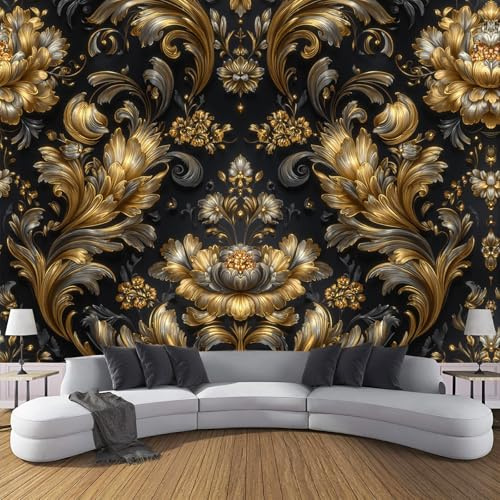 Murales Papel Pintado Salon Estilo Barroco 150 × 105 cm Fotomurales 3D Textura Floral Rizada Tejido Papel Tapiz Fotográfico Decorativos Dormitorio Oficina,Oro