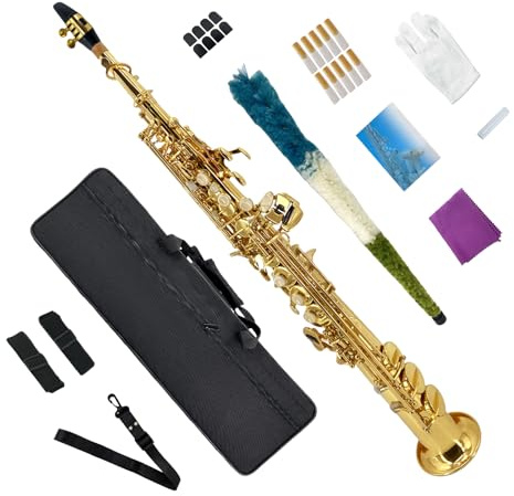 Conboxus Bb Straight Soprano Saxophone Gold Lacquer Brass with Exquisite Carving and Shell Keys Full Set Includes Hard Case Mouthpiece Reeds Gloves for Students
