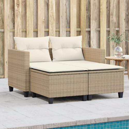 Hoopleep Canapé de jardin 2 places en rotin synthétique beige avec 2 tabourets, résistant aux UV et aux intempéries, pour terrasse, balcon, extérieur, groupe de sièges confortables, 122 x 65 x 62 cm