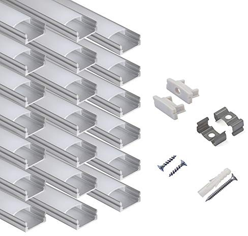 hunhun 20-Pack 6.6ft/ 2Meter U Shape LED Aluminum Channel System with Milky Cover, End Caps and Mounting Clips, Aluminum Profile for LED Strip Light Installations, Very Easy Installation