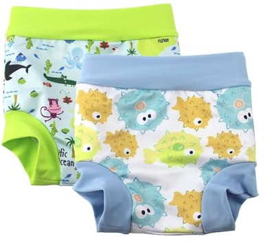 BabyPreg Badbyxor med blöjskydd för baby och barn Badshorts med hög midja som skyddar magen (Grön+ljusblå, 0-2 år)