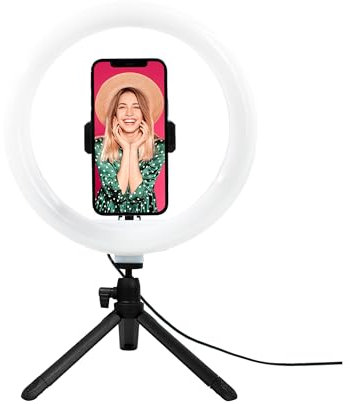 Juice Social 10 Desktop LED Selfie Ring Light with Phone Holder and Extendable Legs | Vlogging, Make-Up, Streaming Black