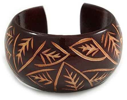 Avalaya Wide Chunky Wooden Cuff Bracelet/Bangle with Leaf Motif/Medium/Possible Natural Irregularities
