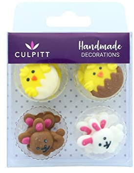Culpitt Lot de 12 décorations en sucre en forme de lapin et poussins pour cupcakes et gâteaux de Pâques et de printemps
