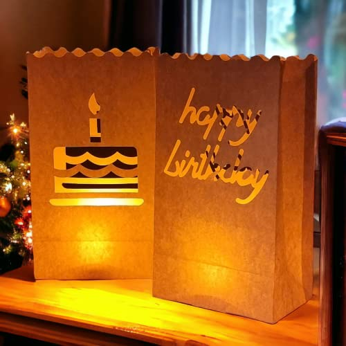 Lichtertüten Papierlaterne - 12er Set - 26 x 15 x 9cm - birthday weiß - Wiederverwendbar Lichttüten - Tischdeko Geburtstag Candle Bags für Birthday Party - Teelichter LED Kerzen Kerzentüten