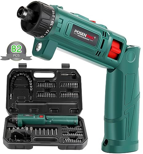 POSENPRO 8V Cordless Electric Screwdriver, 82PCS 10Nm Max Cordless Rechargeable Screwdriver Set with Charger and Accessory Kit in Carrying Case, 21+1 Cluth, Dual Position Handle, PCCS8