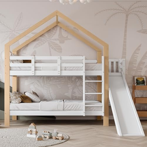 Zyloyal10 Barnsäng, trädhus med rutschkana och stege, 90 x 200 cm, våningssäng för barn – våningssäng med rutschkana och trestegs vinkelstege