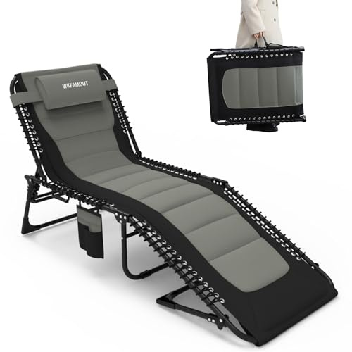 WKFAMOUT Folding Sun Lounger 5 Position Adjustable Padded Reclining Chair Portable Lounge Chair Camping Foldable Sun Bed for Garden Camping Beach