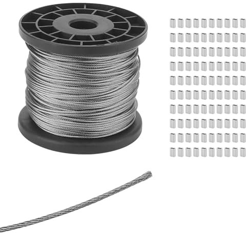 SOUJAP 1.5mm x 100m Wire Rope, 1/16 IN x 328 Ft Stainless Steel Wire Cable, 7 x 7 Strand Core Metal Cable with 100 Pcs Crimping Sleeve for Garden Garage Door