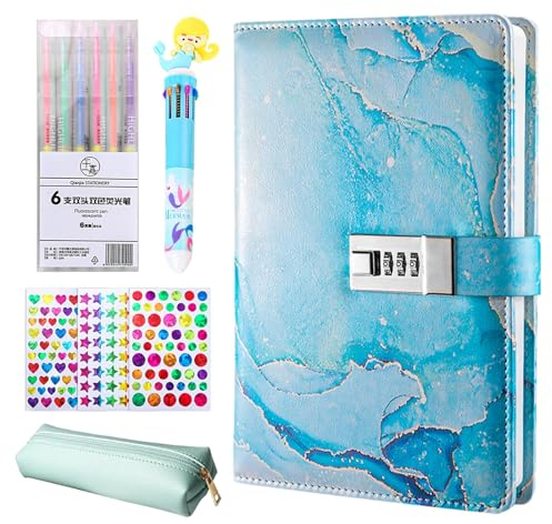 Brinny Tagebuch mit Schloss für Mädchen, Notizbuch passwortgeschützte Journale, liniertes Privates Tagebucher hardcover A5 mit 3er Aufklebern & 6er Textmarker & 10-in-1 Kugelschreiber & Federmäppchen