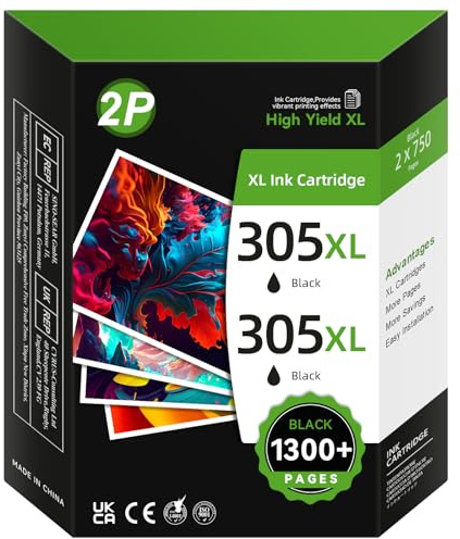 305XL Ink Cartridges High Yield – Black Ink Replacement for HP 305 Black Ink Cartridge, Compatible with HP Envy 6000 6020e 6032e, DeskJet 2700 2700e 2710e 2722e 2800e 2810e 2820e (2 Pack)