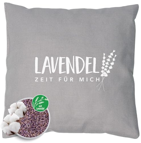 HERBALIND Lavendelkissen Zeit FÜR Mich Kräuterkissen mit Lavendel - Geschenke zum Geburtstag, Idee Yoga, Wellness, Weihnachten - Kissen mit Füllung 20x20 cm Grau