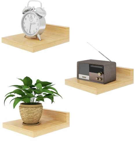 IBUYKE Piccola mensola sospesa, mensola da parete in legno, set di 3, espositori, mensola sospesa per camera da letto, bagno, cucina, legno naturale RF-GB505N-3