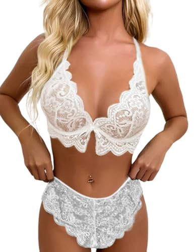 PARUPRUP Conjuntos Lencería Sexy Encaje Floral Lazo Mujer 2 Piezas Ropa Interior Hot Sujetador y Braguita Sin Aros Escote V Profundo Babydoll BraletteTransparente con Tanga Ropa de Dormir (Blanco, L)