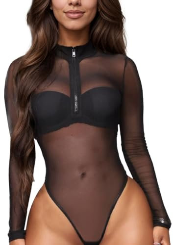 EMOTTOS Damen Sexy Durchsichtiger Mesh Bodysuit, Slim Fit Trikot mit V-Ausschnitt, Slim Fit Einteiler Clubwear mit Frontreißverschluss für Club Party, Schwarz, S