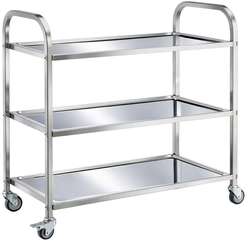 CROWNSHOP 3 Tier Stainless Steel Kitchen Utility Cart 62.5cm x 31.5cm x 80cm,Large Rolling Catering Storage Cart Trolley Storage Cart with Wheels for Home Kitchen or Dining Room