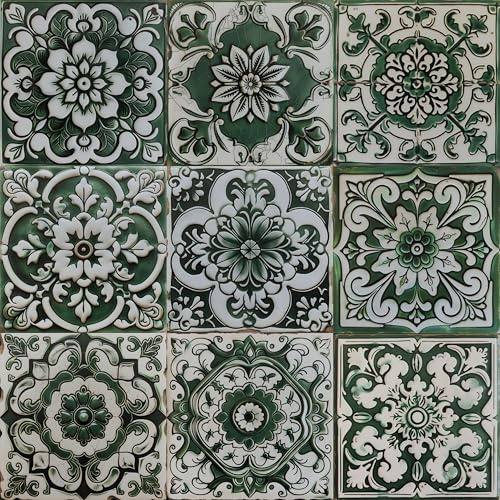 Hode Green Stick on Tiles Kitchen, Tile Stickers for Bathroom, 15x15cm Self Adhesive Sticky Back, Moroccan Victorian Vintage Peel and Stick Wall Tiles Waterproof, 24pcs
