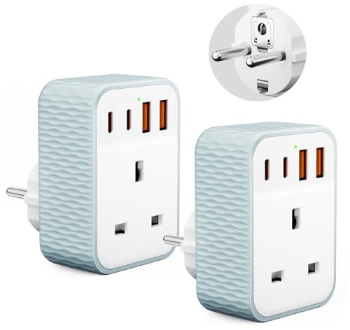 Vecbmn 2 Pack UK to European Plug Adapter, EU Schuko Travel Adaptor with 4 U-S-B Ports(2 USB C & 2 USB A), Travel Adaptors UK to EU for Germany Spain France Poland Netherlands Iceland(Type E/F)