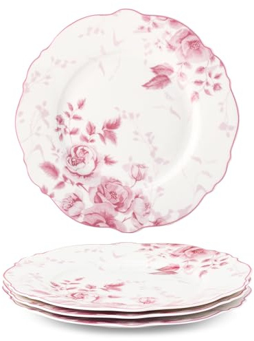 fanquare 21.6cm British Pink Floral Porcelain Dessert Plate Sets of 4 | Elegant Snack Appetizer Dinner Plates Service Microwave & Dishwasher Safe
