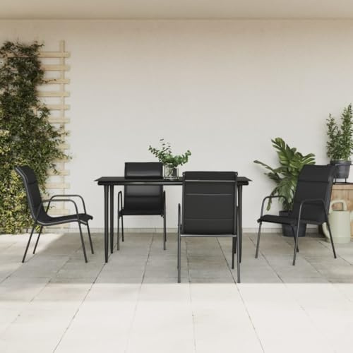 JHQHSM 5 pezzi Gruppo da giardino nero in acciaio e textilene con piano in vetro temperato, tavolo da pranzo esterno per terrazza, mobili da giardino stabile con imbottitura,