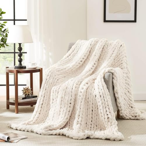 L'AGRATY Chunky Knit Blanket Throw,Soft Chenille Yarn Throw Blanket 130x160cm，Handmade Cable Knit Crochet Blanket,Large Knit Blankets Throw Blanket for Couch Sofa Bed Home Decor (Single,Ivory)