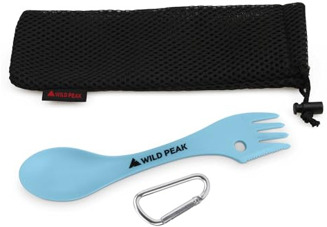 Wild Peak Plastic Spork - Lightweight & Strong All in one Spoon, Fork, Knife Cutlery with Optional Storage Bag ▲ (Sky Blue, with Storage Bag)