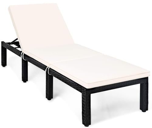 DORTALA Patio Rattan Lounge Chair, Outdoor Wicker Reclining Lounger Chair, 6 Positions Rattan Lounge Chaise, Modern Rattan Furniture for Garden Lawn Backyard, White