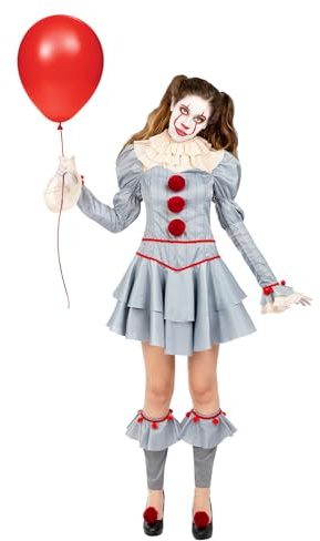 Funidelia Offizielles Pennywise-Kostüm - IT Kapitel Zwei für Damen, Inklusive Kleid, Kragen, Beinstulpen und zwei Bommel, Größe S - Verkleidung für Erwachsene für Partys, Karneval und Halloween