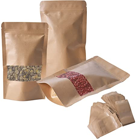 Pinsheng Sac Papier Kraft avec Fenêtre 100 Pièces, Sachet Zip Kraft Thé Pochette Kraft Fenetre Sac Ziplock Alimentaire Marron Pochette en Paper à Fenêtre Sac à Épices Pochon Kraft Zip (12 * 20cm)