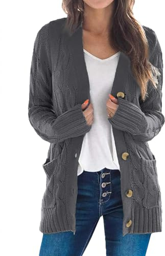 Uusollecy Cardigan Femme, Gilet à Manches Longues avec Poches, Gris foncé S