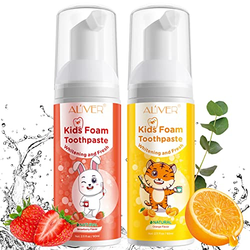 Foam Kids Zahnpasta, Kinderzahnpasta, Kleinkindzahnpasta mit Niedrigem Fluoridgehalt für U-förmige Zahnbürsten, Natürliche Mousse Schaumzahnpasta, Foam Kids Toothpaste Erdbeere und Orange, 2 Pack