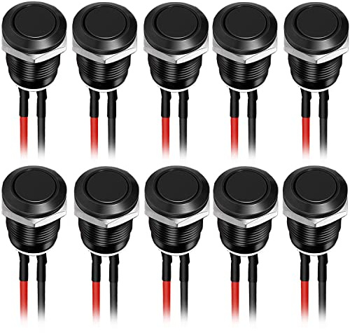 RUNCCI-YUN 10 st 12 mm tryckknappar, vattentät, metalltryckknappar, rostfritt stål, 12 V momentant tryckbrytare, för tuta, ringklocka, bil rund minitryckknapp (platt huvud), svart