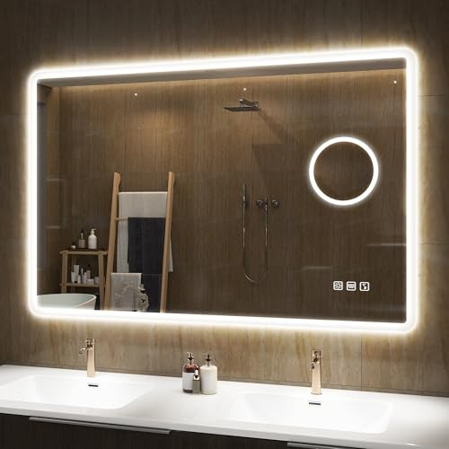 S'bagno Miroir-Salle-de-Bain-avec-Eclairage 100x70cm, Miroir-LED-avec-Bluetooth, Loupe 5X, Anti-buée, 3 Couleurs, Gradation, Mémoire, Verre Trempé, Étanche IP44, Horizontal/Vertical