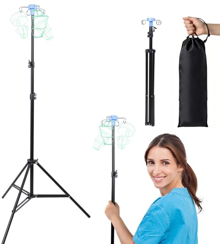 WONDSIGHIN Foldable IV Pole with Portable Bag, Collapsible IV Pole Stand with 3 Nets for Drip Bag, Tripod IV Pole Stand Adjustable, 4 Hooks for Nursing Clinic Home Care Travel, Stable, Black, 1 Pcs
