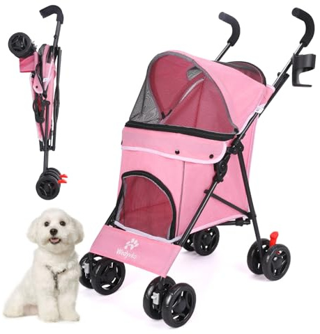 Poussette 3 en 1 pour petits chiens et chats, poussette pliable à 4 roues, maille respirante, grande capacité, facile à transporter (rose)