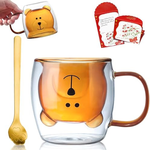 Afitdon Tasse mignonne en forme d'ours, double paroi, 280 ml, avec carte de bénédiction, cuillère et couvercle, double paroi pour cappuccino, latte macchiato, thé, glace et lait