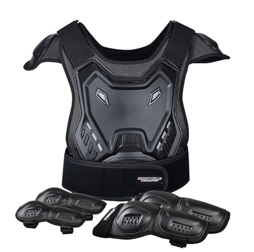 Tuta da moto per bambini, con protezioni per gomiti, ginocchiere, parastinchi, protezione per petto e colonna vertebrale, per motocross, sport all'aria aperta, colore nero