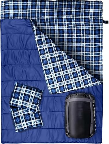 Double Sleeping Bag King Size Adult Two Person Camping Sleeping Bag Suitable for 4 Seasons Complete with Pillow & Internal Pocket for Hiking Indoor or Outdoor Adventures Flannel Black Check
