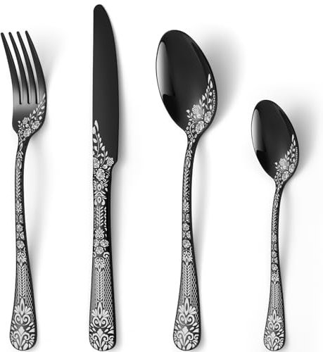 HONKKU 32 Pieces Black Cutlery Set for 8 People, Stainless Steel Knife and Fork Set with Laser Flower Pattern, Mirror Polished Silverware Set Ideal for Home Party Restaurant, Dishwasher Safe