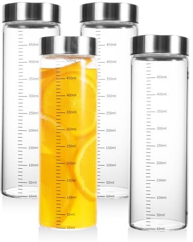 MUJUZE Lot de 4 bouteilles en verre de 500 ml avec couvercle en acier inoxydable - Avec graduation de mesure - Gobelets à smoothie à emporter pour jus, smoothies, lait, bouteilles en verre, sans BPA