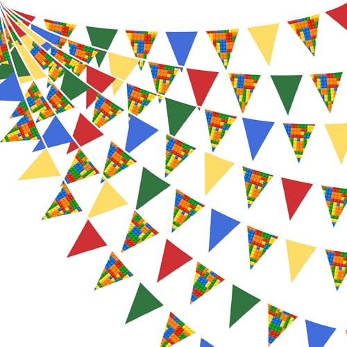 32Ft Building Block Bunting Banner Party Decorations Red Blue Yellow Green Fabric Triangle Flag Colorful Pennant Garland for Building Block Kids Birthday Baby Shower Outdoor Garden Party Decor