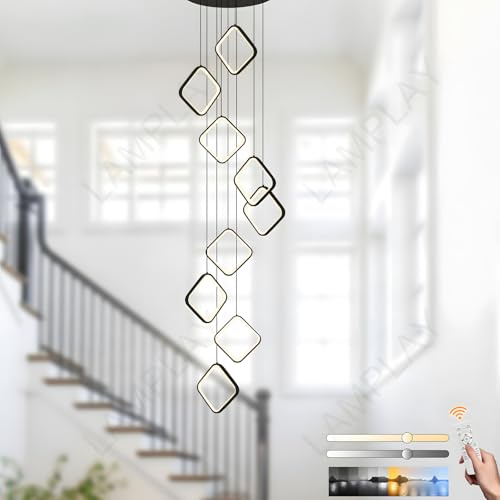 LAMPLAY Lámpara De Araña LED Moderna Negra, 9 Luces Colgantes Cuadradas, Regulable 3000K-6000K Con Control Remoto, Lámpara De Escalera De Altura Ajustable, Comedor Sala De Estar Villa O Cocina.
