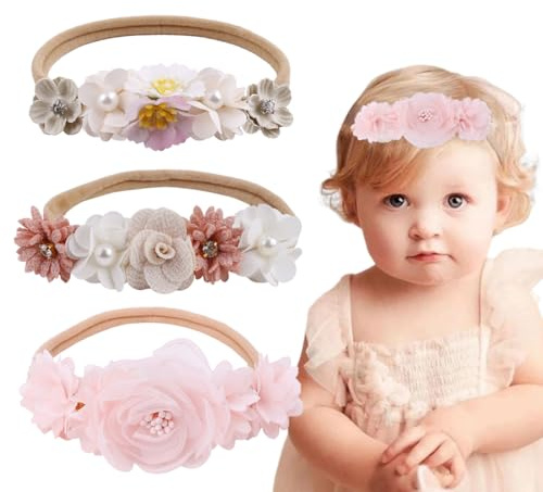 Fasce Per Capelli Per Bambina, 3 Pezzi Fasce in Grosgrain per Bambine Floreale Copricapo Elastici Fascette Neonata Nastri Capelli per Neonati, Ragazze, Bambini Piccoli