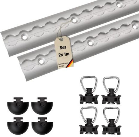 LOADCARE Kit de démarrage de rails d'aviation - 2 rails aériens anodisés (1 m, semi-circulaire, percés tous les 10 cm) avec 4 embouts, 4 raccords noirs - Idéal pour l'expansion de véhicules, Vanlife
